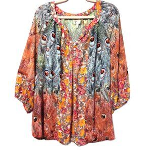 Fig and Flower Peacock Feather and Floral Blouse Size 2X